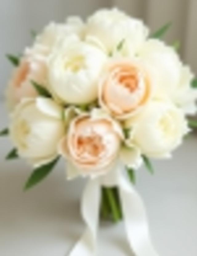 Närbild på en elegant brudbukett med vita och persikofärgade pioner, bundna med sidenband. En hyllning till klassisk skönhet.
